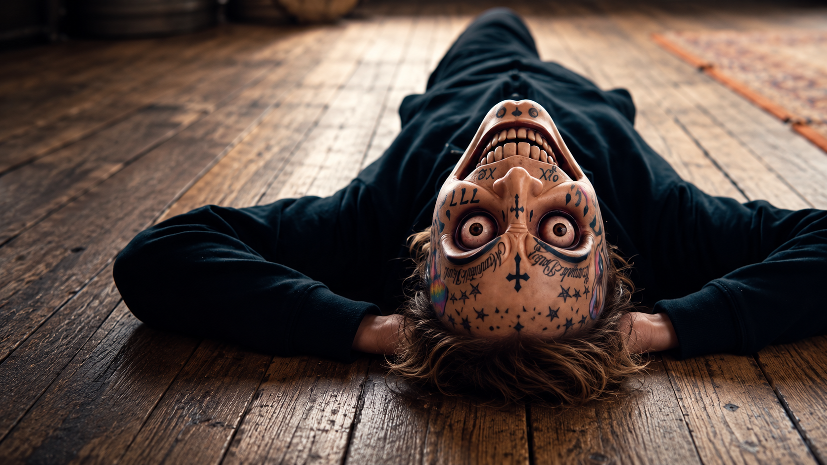 AI Ruins Everything’s tattooed character hanging upside down, looking straight at you